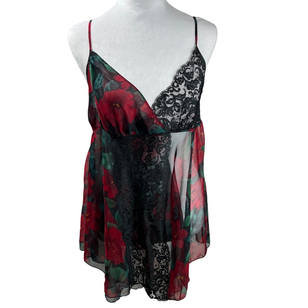 Vintage Victorias Secret Gold Label Floral Lace Babydoll Chemise Red Black M